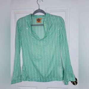 Tory Burch Green Printed Long Sleeve Blouse | Lightweight Tunic Top Size 2